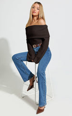 Darcie Top - Off Shoulder Long Sleeve Knit Top in Chocolate
