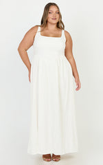 Rhaziya Midi Dress - Sleeveless Straight Neck Fit and Flare Dress in White