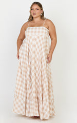 Katrien Maxi Dress - Strappy Empire Waist Flare Dress in Beige and White Check