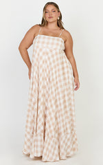 Katrien Maxi Dress - Strappy Empire Waist Flare Dress in Beige and White Check