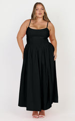Morris Midi Dress - Linen Scoop Neck Gathered Dress in Black