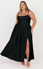 Morris Midi Dress - Linen Scoop Neck Gathered Dress in Black