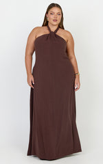 Hilda Maxi Dress - Knot Detail Halter Neck Maxi Dress in Chocolate
