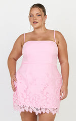 Maisie Mini Dress - Strapless Broderie Cut Out Border Hem Dress in Pink