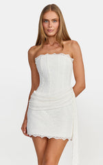 Summer Mini Dress - Lace Corset Bodice Mini Dress With Lace Up Back And Hip Drape Detail in White