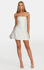Rosalie Mini Dress - Strapless Jacquard Floral Mini Dress in White