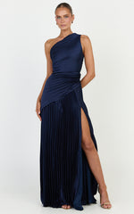 Clarissa Maxi Dress - One Shoulder Pleated Dress in Navy