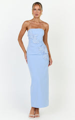 Moana Maxi Dress - Strapless Floral Embellished Structured Column Dress in Soft Blue