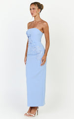 Moana Maxi Dress - Strapless Floral Embellished Structured Column Dress in Soft Blue