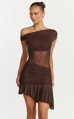 Ivy Mini Dress - Tip Shoulder Asymmetric Ruched Yoke Dress in Chocolate