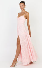 Rachel Maxi Dress - Sweetheart Neckline Jacquard Front Split Dress in Pink