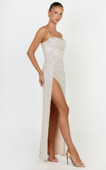 Cora Maxi Dress - Corset Bodice Draped Skirt Sequin Dress in Nude
