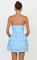 Maristella Mini Dress - Strapless Lace Up Back A Line Dress in Blue