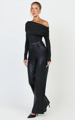 Hallie Bodysuit - One Shoulder Draped Long Sleeve Bodysuit in Black