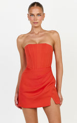 Avery Mini Dress - Strapless Corset Bodice Draped Dress in Orange
