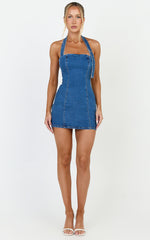 Peggy Mini Dress - Denim Buckle Halter Neck Fitted Dress in Dark Blue Wash
