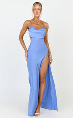 Sophie Maxi Dress - Cowl Neck Cross Back Dress in Blue