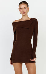 Tess Mini Dress - Asymmetric Off Shoulder Long Sleeve Knit Dress in Chocolate