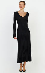 Astra Maxi Dress - V Neck Long Sleeve Knit Dress in Black