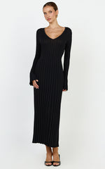 Astra Maxi Dress - V Neck Long Sleeve Knit Dress in Black