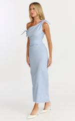 Cincinnati Midi Dress - Off The Shoulder Side Split Column Linen Dress in Pale Blue