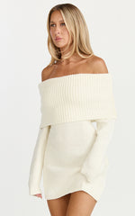 Erin Mini Dress - Cable Knit Off Shoulder Long Sleeve Dress in Cream
