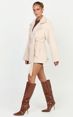 Dahlia Coat - Single Breasted Belted Short Wool Like Coat in Beige
