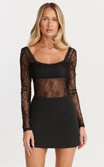 Cynthia Bodysuit - Long Sleeve Lace Bodysuit in Black
