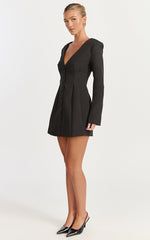 Lavender Mini Dress - Wide Neck Button Down Blazer Dress in Black