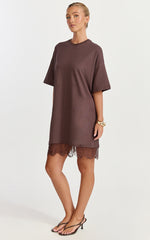 Rina Mini Dress - Mini Lace Trim Dress in Chocolate