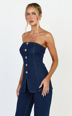 Phoebe Top - Strapless Button Down Stretch Denim Top in Dark Blue Wash