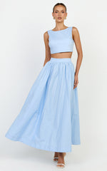 Billie Two Piece Top and Skirt Set - Tie Back Top with Full Maxi Skirt in Blue