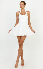 Seraphina Mini Dress - Halter Neck Clipped Jacquard Dress in White