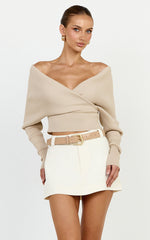 Petra Top - Long Sleeve Wrap Ribbed Knit Top in Oat Marle