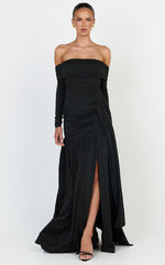 Amaya Maxi Dress - Off Shoulder Draped Long Sleeve Dress in Black