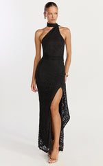 Isla Maxi Dress - One Shoulder Scarf Tie Neck Lace Dress in Black