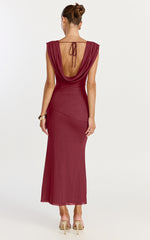 Zena Midi Dress - Cowl Neck Tie Detail Dress in Wine
