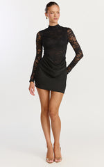 Thalassa Mini Dress - Turtle Neck Long Sleeve Drape Bias Cut Dress in Black