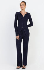 Kelsey Top - Button Through Long Sleeve Knit Top in Navy