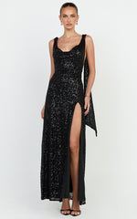 Malisha Maxi Dress - Sequin Cowl Neck Backless Dress in Black