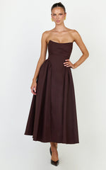 Amara Midi Dress - Strapless Fit And Flare Dress in Chocolate