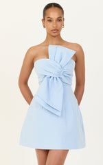 Chika Mini Dress - Linen Strapless Front Bow Dress in Pale Blue