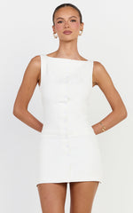 Adela Mini Dress - Mock Button Thru Boat Neck Dress in White