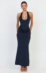 Heath Maxi Dress - Scoop Halter Neck With Drape Front Skirt Back Split Dress in Navy