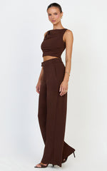 Helen Two Piece Set - Crepe Twisted Top And Wide Leg Pants in Chocolate