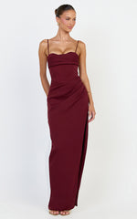 Zinnia Maxi Dress - Gathered Bust Side Split Dress in Wine