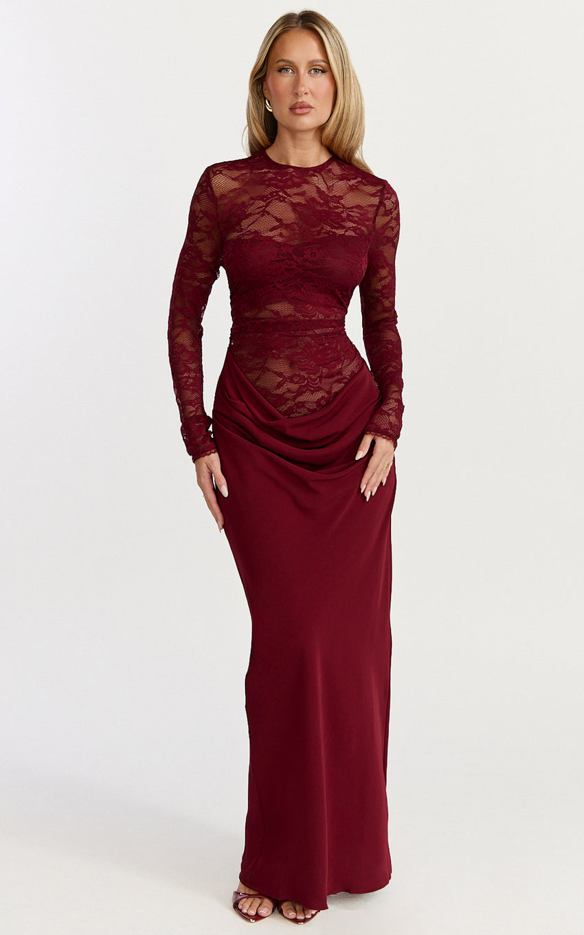 Crisanta Maxi Dress - Long Sleeve Contrast Lace Bodycon Dress in Wine