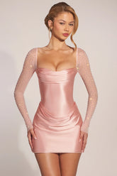 Long-Sleeve Draped Mini Dress in Blush Pink