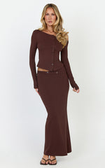 Lulu Two Piece Top and Skirt Set - Asymmetrical Button Detail Top And Maxi Skirt Set in Chocolate