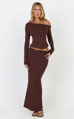 Lulu Two Piece Top and Skirt Set - Asymmetrical Button Detail Top And Maxi Skirt Set in Chocolate